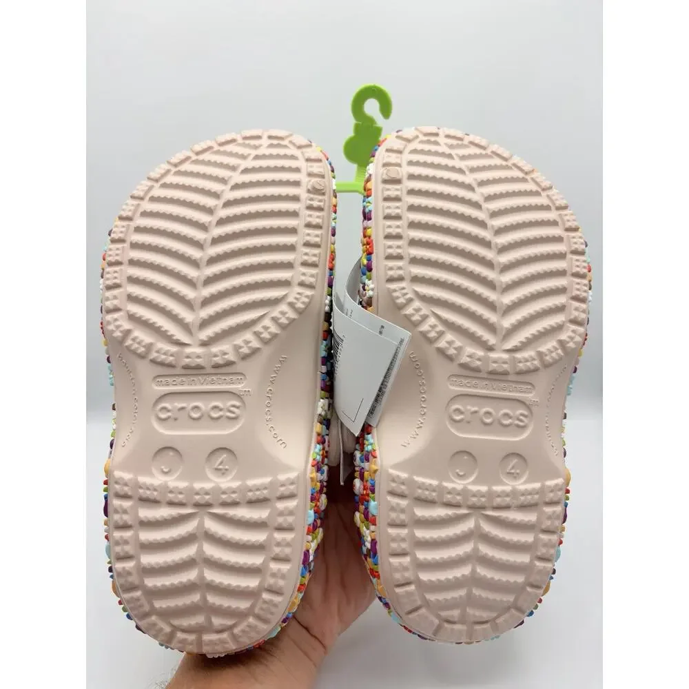 Crocs Kid’s Beaded Band Clog - Multicolor Beads Sandals Beige 211614 Sz J4 NWT